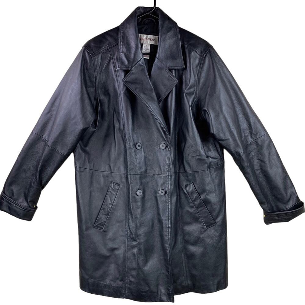 Veranesi Black Leather Coat Womens Size 18 Double Breasted